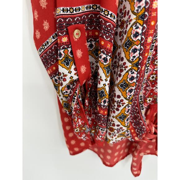 West Kei Top Women LARGE Talina Rust Red Printed V-Neck Tie Front Blouse - Picture 5 of 10